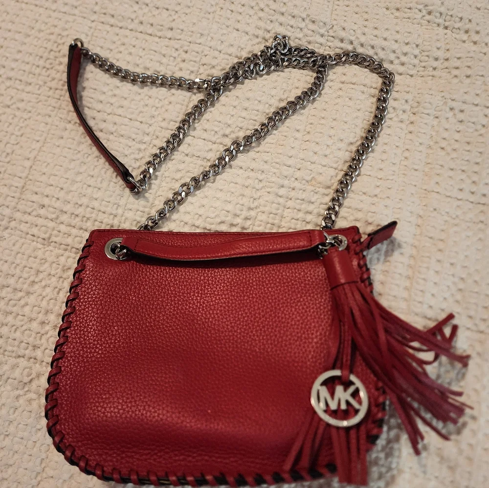 Michael Kors Whipped Chelsea Red Leather Bag with Tassel Silver $328 NEW
